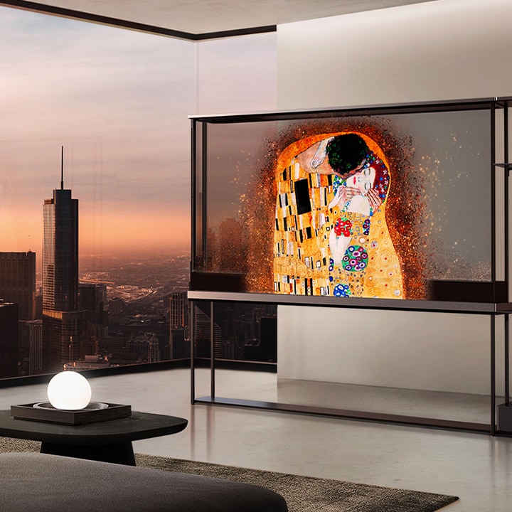 A minimal living room with an LG OLED T showcasing Gustav Klimt's artwork, creating an artistic ambiance.