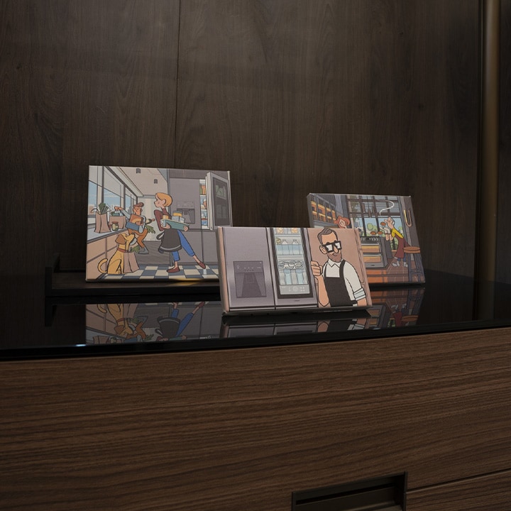 Illustrations from the Monocle editorial partnership with LG SIGNATURE are displayed as part of an exhibition