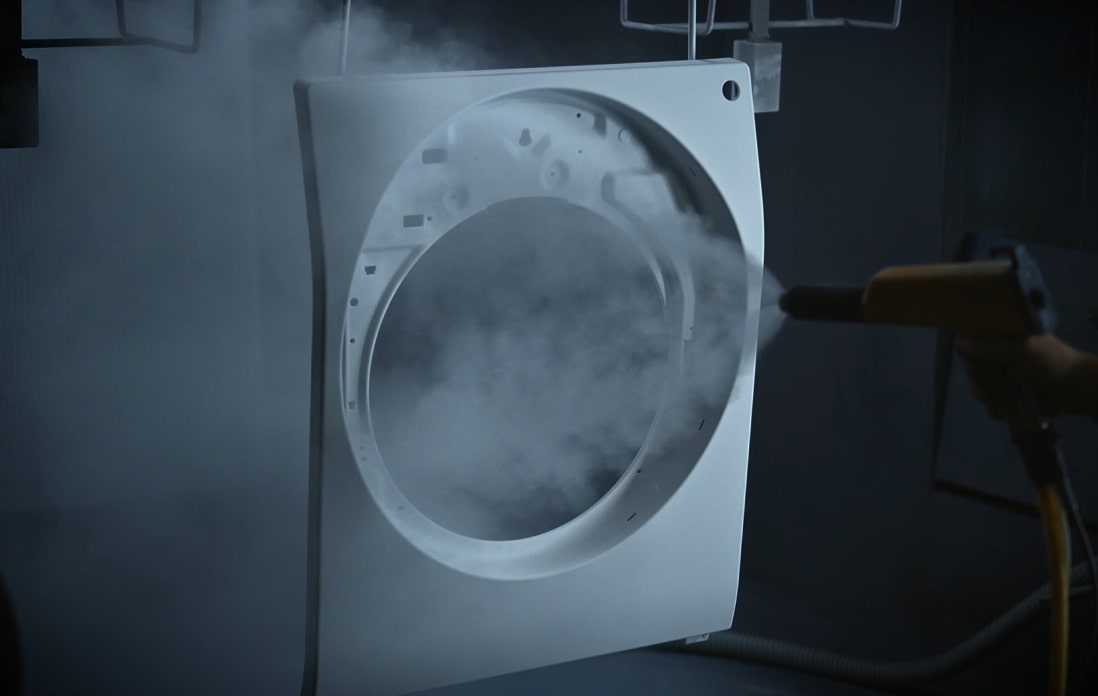 A white LG SIGNATURE Washing Machine in front of a stark grey background with the text 'enamel coating.'