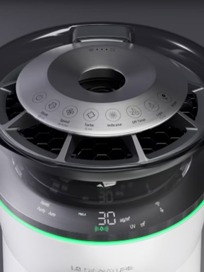 A top view of the Air Purifier showing control buttons and display features.