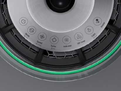 A close-up view of the various controls and LED lights on the top of the Air Purifier.