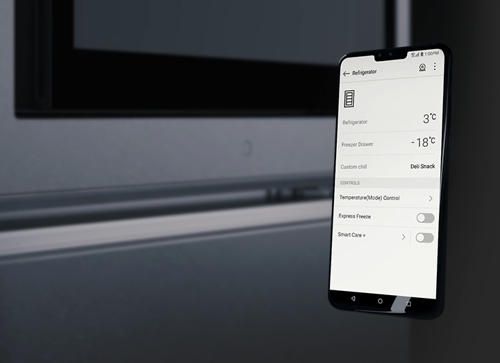LG SIGNATURE Bottom Freezer is being controlled by LG ThinQ mobile application.