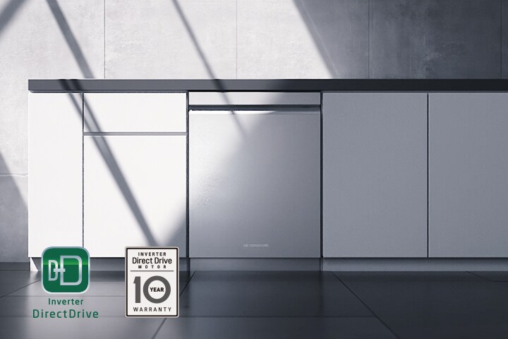 LG SIGNATURE Dishwasher is placed on the modern gray kitchen in harmony with similar shape of tables.