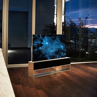 Luxurious living room with the LG SIGNATURE Rollable OLED TV.