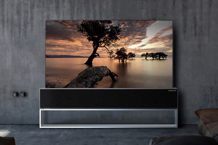 An image of LG SIGNATURE Rollable TV in full view placed in the center of a grey-colored space.