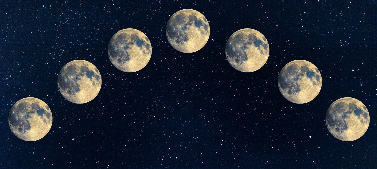 An Image of seven full moon aligned across the night sky.