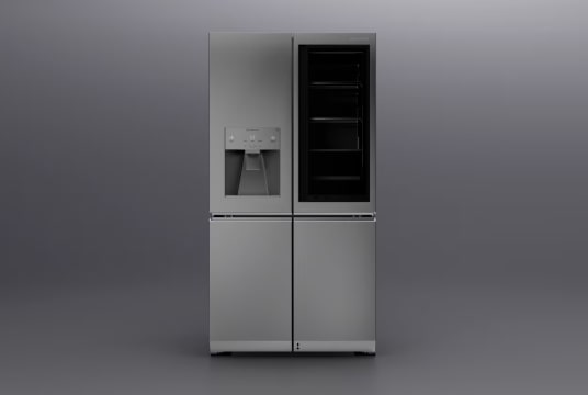 Image of LG InstaView Door-in-Door Refrigerator on a greyscale backdrop.