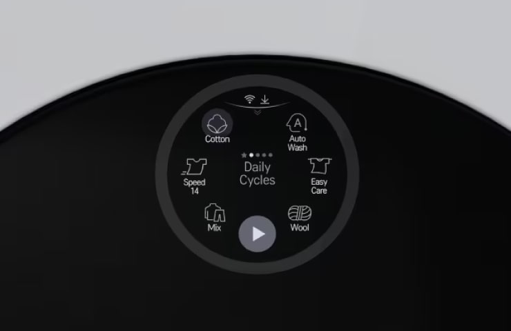 Image showing the front and top of the LG Signature Washing Machine. The top half of the door and the Quick Circle Display panel are visible.