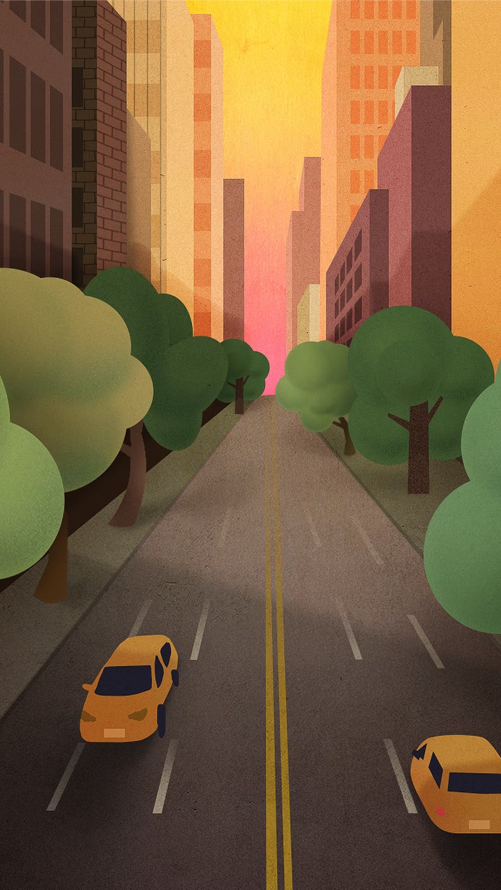 A crayon-style illustration of a tree-lined city road with cars driving through it