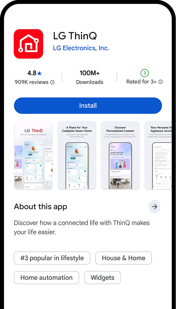 Mobile screen showing step to install LG ThinQ app