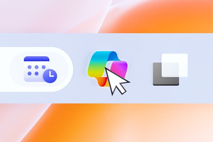 Das Bild zeigt einen Ausschnitt der Benutzeroberfläche mit Symbolen in einer Taskleiste oder einem App-Starter. Das mit dem Mauszeiger hervorgehobene Symbol in der Mitte stellt den Windows Copilot dar, ein farbenfrohes Symbol, das die Leistung der künstlichen Intelligenz anzeigt. 