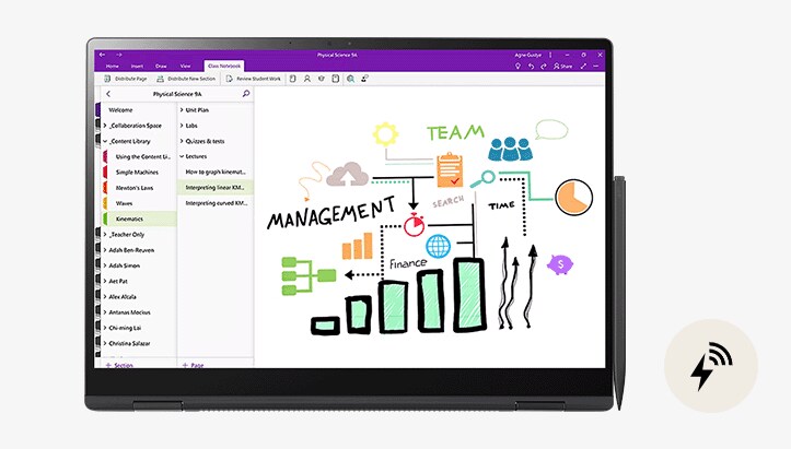 Dieses Bild zeigt einen Laptop im Tablet-Modus mit einem Schreibstift an der rechten Seite, begleitet von einem Ladesymbol, das den Strom anzeigt. Ein weiteres Bild zeigt einen Laptop mit geöffnetem Bildschirm, an dem der Schreibstift unten rechts an der Tastatur angebracht ist, zusammen mit einem Ladesymbol, das die drahtlose Ladefunktion demonstriert.