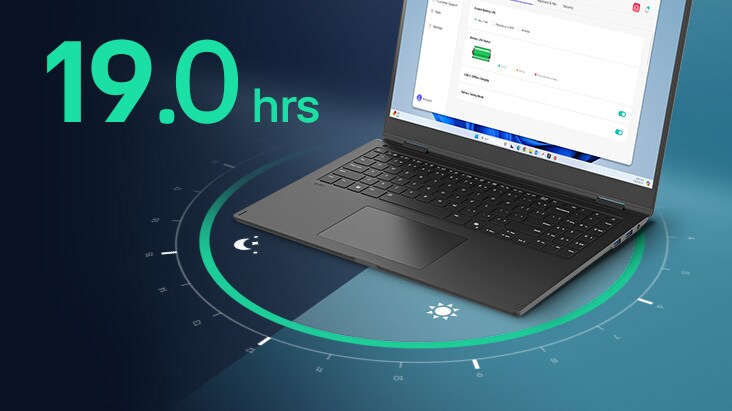 Ein Laptop, auf dessen Bildschirm eine Schnittstelle für den Akkuverbrauch angezeigt wird, umgeben von einer kreisförmigen visuellen Darstellung der Zeit. Der Text „22,0 Stunden“ ist deutlich sichtbar und hebt die verlängerte Akkulaufzeit hervor.