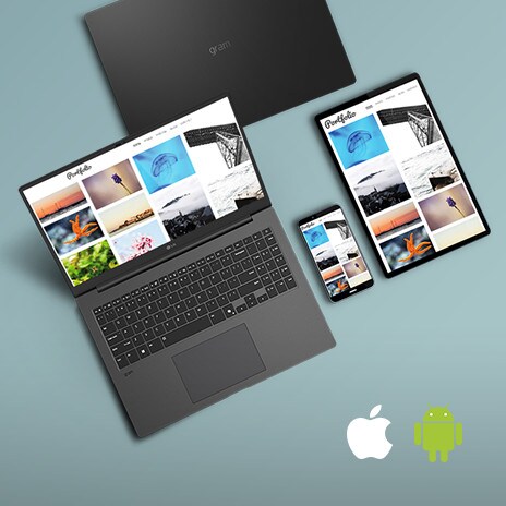 Ein Laptop, ein Tablet und ein Smartphone werden zusammen präsentiert, wobei alle synchronisierte Inhalte auf ihren Bildschirmen anzeigen. Die Funktion „gram Link“ wird hervorgehoben, wobei die Apple- und Android-Logos in der unteren rechten Ecke die geräteübergreifende Konnektivität betonen.