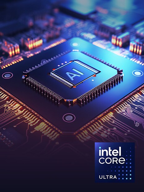 Ein KI-Prozessor ist auf einer Platine gut sichtbar angebracht und symbolisiert fortschrittliche Technologie und Leistung. Das Intel Core Ultra-Logo wird in der unteren rechten Ecke angezeigt und unterstreicht die hochmodernen KI-Verarbeitungsfunktionen.