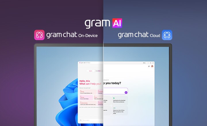 Ein Bild mit geteiltem Bildschirm, das „gram AI“ mit zwei verschiedenen Modi zeigt: „gram chat On-Device“ auf der linken Seite, dargestellt durch ein pinkfarbenes Symbol, und „gram chat Cloud“ auf der rechten Seite, dargestellt durch ein blaues Symbol. Auf dem Bildschirm wird eine KI-Schnittstelle angezeigt, die eine nahtlose KI-Funktionalität in beiden Modi symbolisiert.