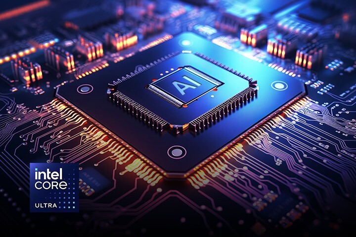 Nahaufnahme eines Intel Core Ultra-Prozessors mit einem KI-Symbol auf dem Chip, umgeben von leuchtenden Schaltkreisen, mit dem Intel Core Ultra-Logo in der Ecke.