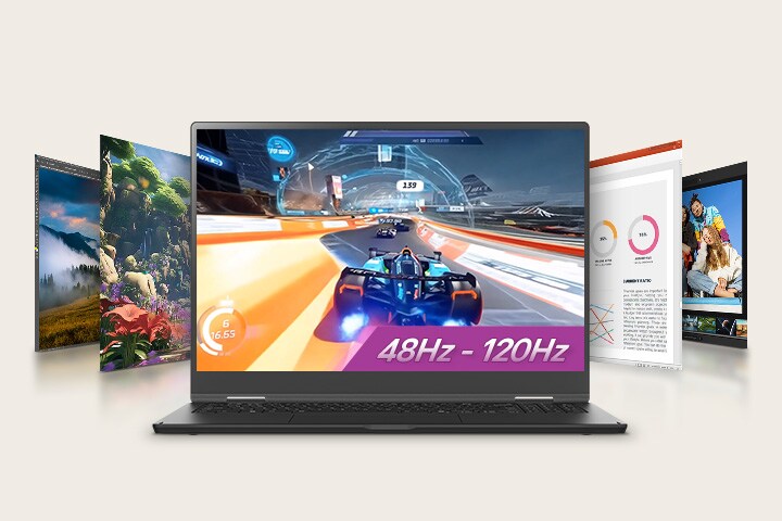 Eine Animation zeigt einen Laptop, auf dessen Bildschirm ein Autorennspiel mit dem hervorgehobenen Text „31Hz bis 144Hz“ zu sehen ist, umgeben von weiteren Bildschirmen mit verschiedenen visuellen Darstellungen. Diese Konfiguration betont die Vielseitigkeit von Spielen und Multimedia mit einer variablen Bildwiederholfrequenz.