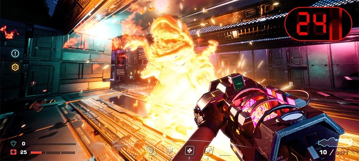 A game HUD surrounds the action of a playing shooting a monster with a futurisitc weapon