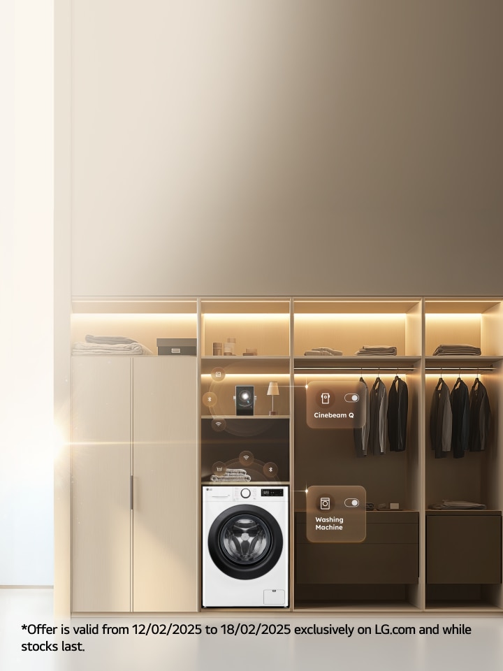 smart wardrobe with an lg washing machine and neatly positioned items on the shelves with some brown toned clothing hanging in the opened wardrobe