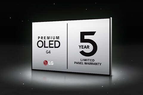 黑色背景上的 LG OLED Care+ 和 5 年面板保養標誌。