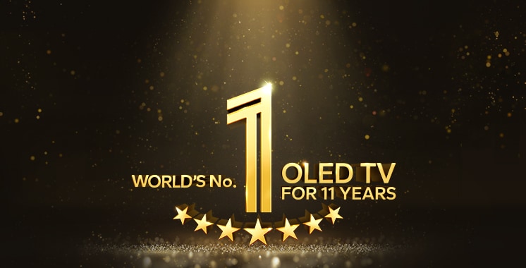 شعار ذهبي لتلفزيون OLED رقم 1 على مستوى العالم لمدة 11 عامًا على خلفية سوداء. يُسلَّط الضوء على الشعار، بينما النجوم الذهبية المجردة تملأ الفضاء.