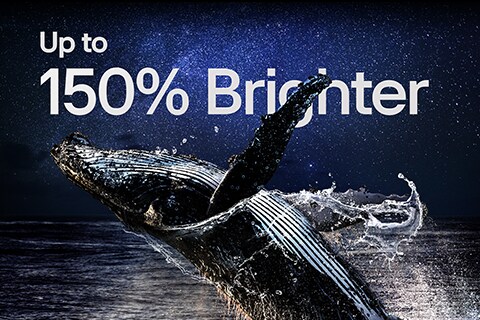 A whale jumping out of the water before a starry night sky. Above the whale is the phrase "up to 150% brighter".