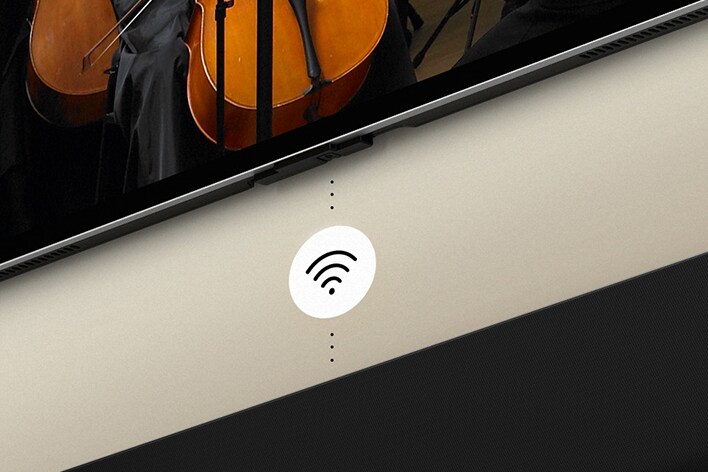Un téléviseur LG OLED et la barre de son LG avec un graphisme du symbole Wi-Fi en blanc au milieu.