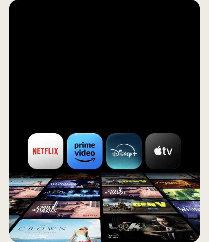 Miniatyrbilder av tv-program ligger platt över skärmen på en svart bakgrund, och följande logotyper är ovanför: Netflix, Prime Video, Disney+, Apple TV.