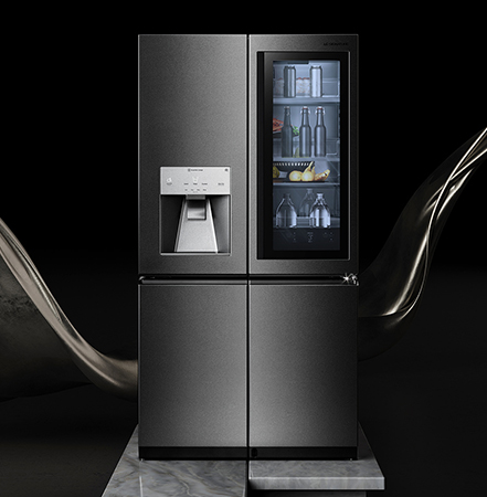 LG SIGNATURE Refrigerator is standing on the marble floor.